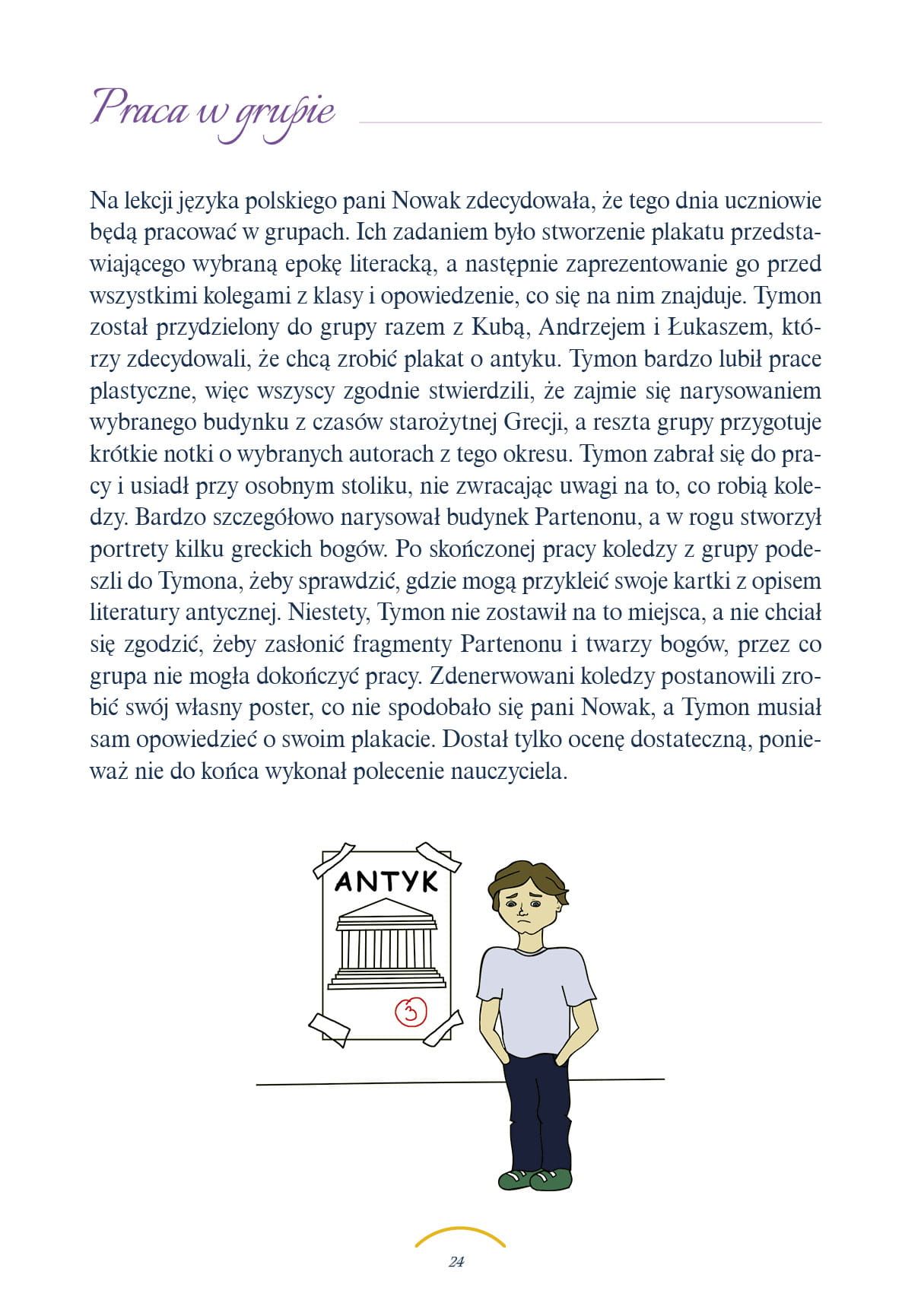 Strona z książki Kłopoty Tymona pokazująca przykładowe historyjki i pytania edukacyjne