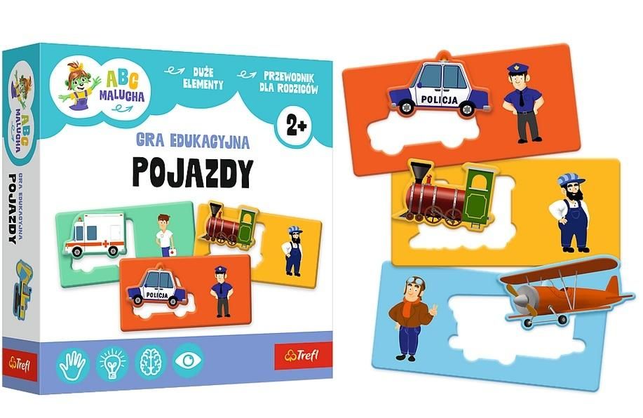 Edukacyjna gra ABC Malucha. Pojazdy Trefl PAP – plansza z kolorowymi ilustracjami środków transportu