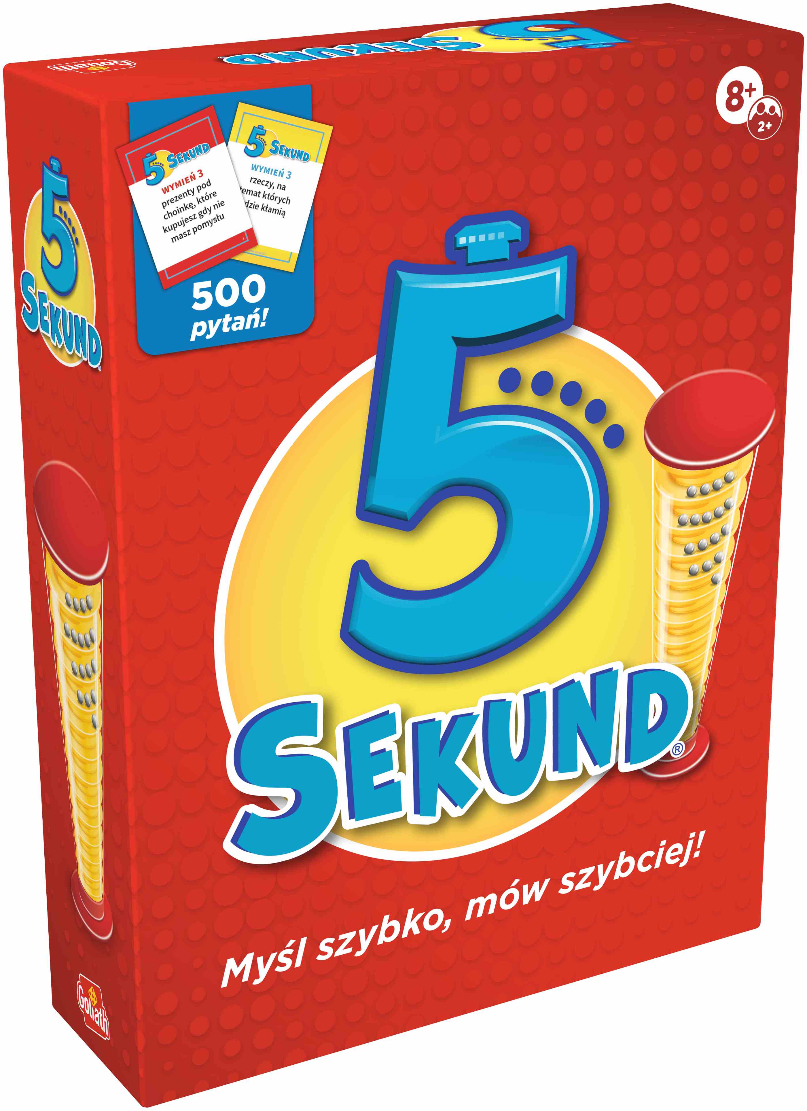 Gra towarzyska 5 Sekund PlayMonster - pudełko i elementy gry w dynamicznej aranżacji