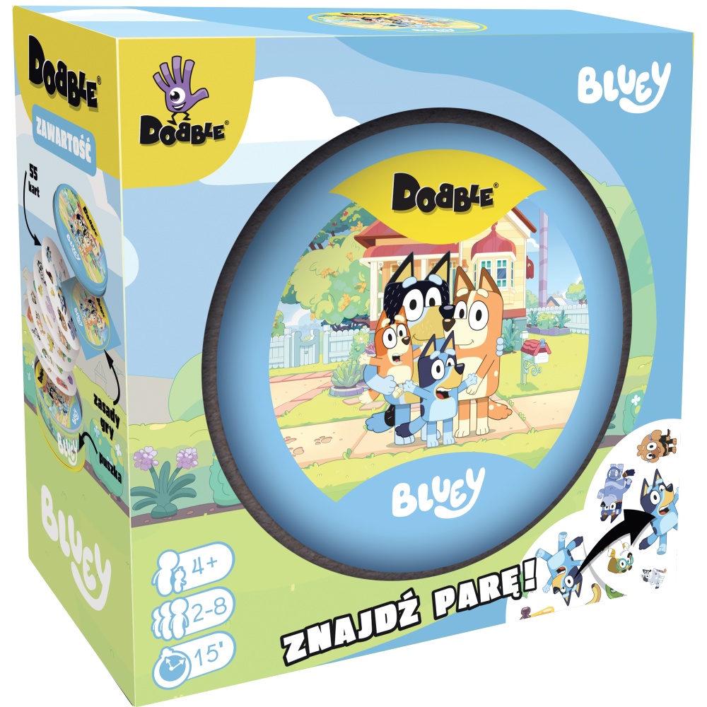 Karty Dobble Bluey z kolorowymi symbolami postaci i przedmiotów ze świata Bluey