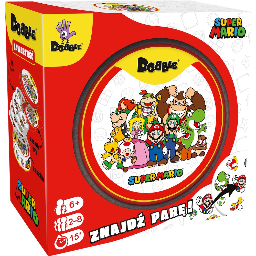 Dobble Super Mario gra karciana REBEL z kolorowymi kartami o wymiarach 132x130 mm