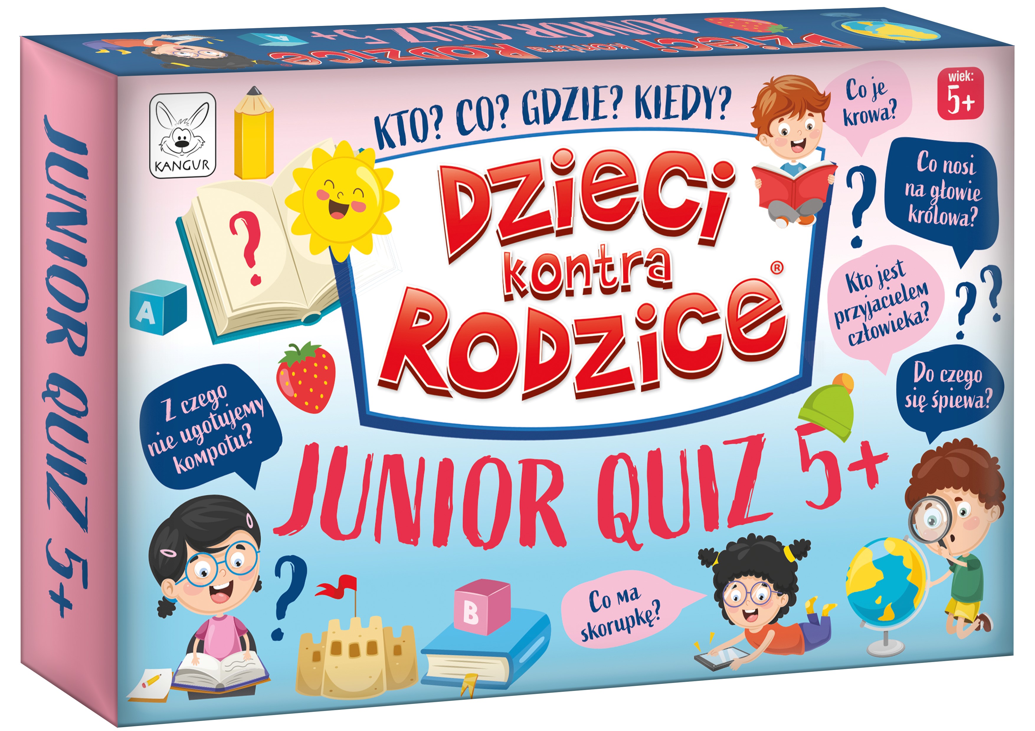 Zestaw 100 kart z pytaniami i odpowiedziami w formie obrazków do gry edukacyjnej Dzieci kontra Rodzice Junior Quiz 5+ KANGUR