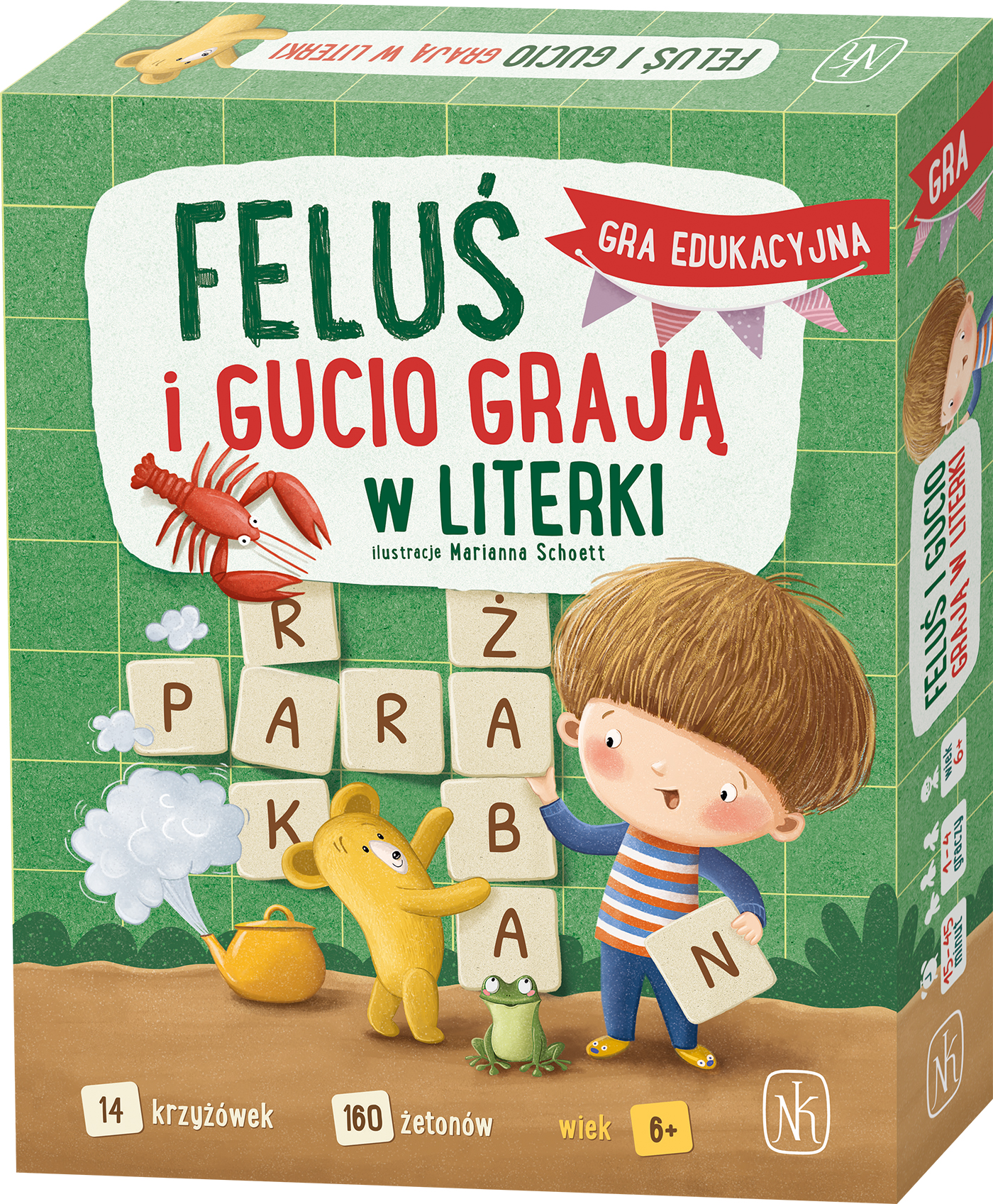 Edukacyjna gra słowna Feluś i Gucio grają w literki od NASZA KSIĘGARNIA z planszą i płytkami