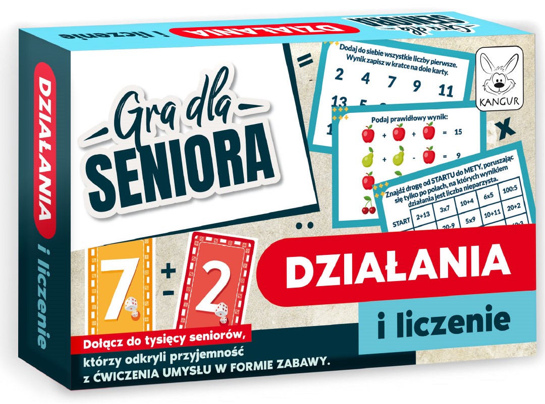 Matematyczna gra dla seniora Kangur Działania i Liczenie z kartami i kośćmi do ćwiczeń