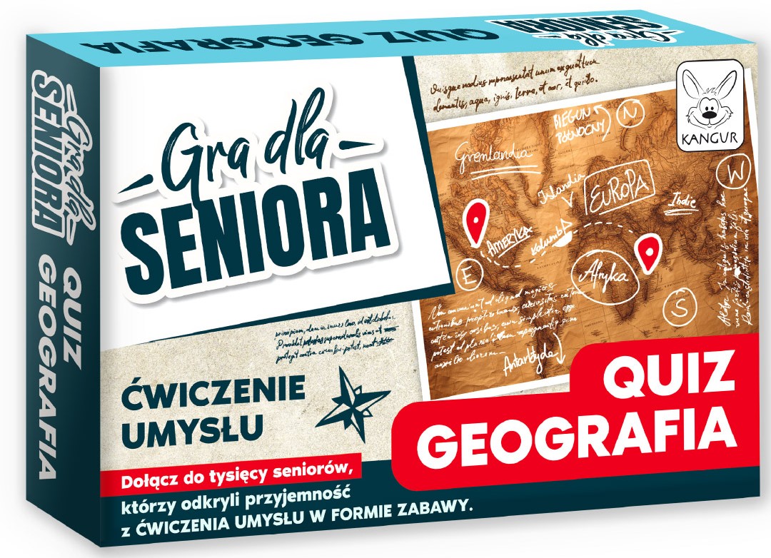 Gra dla Seniora Quiz Geografia KANGUR – okładka pudełka z pytaniami o Polskę i świat
