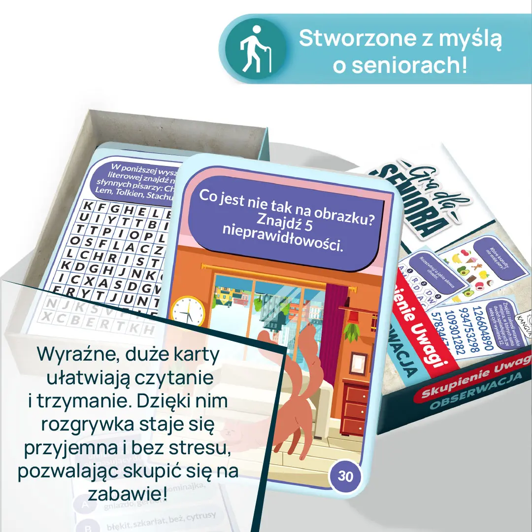 Zadania na koncentrację i pamięć dla seniorów z gry KANGUR – ilustracje i instrukcje do ćwiczeń umysłowych