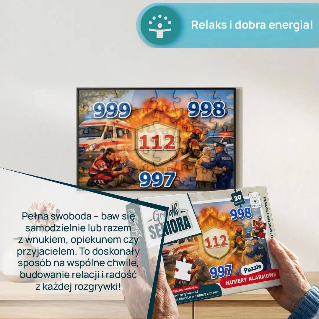 Puzzle edukacyjne Kangur z numerami alarmowymi – elementy i obrazek
