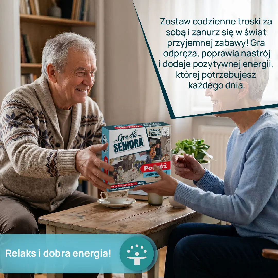 Plansza i żetony gry konwersacyjnej Podróż Wspomnień marki KANGUR dla seniorów