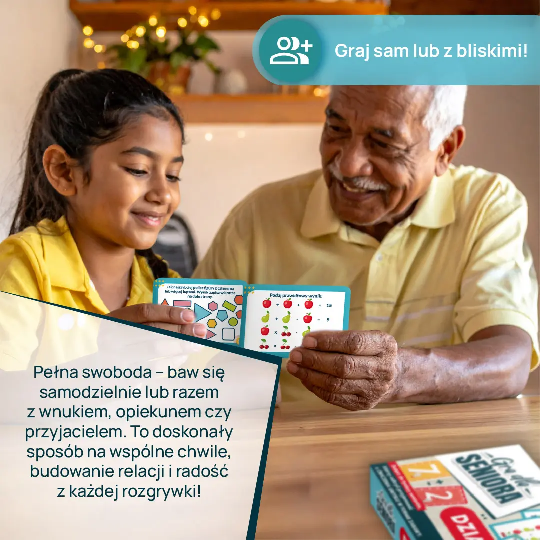 Zestaw kart z działaniami i kości do gry Kangur dla seniorów wspierający koncentrację i logiczne myślenie