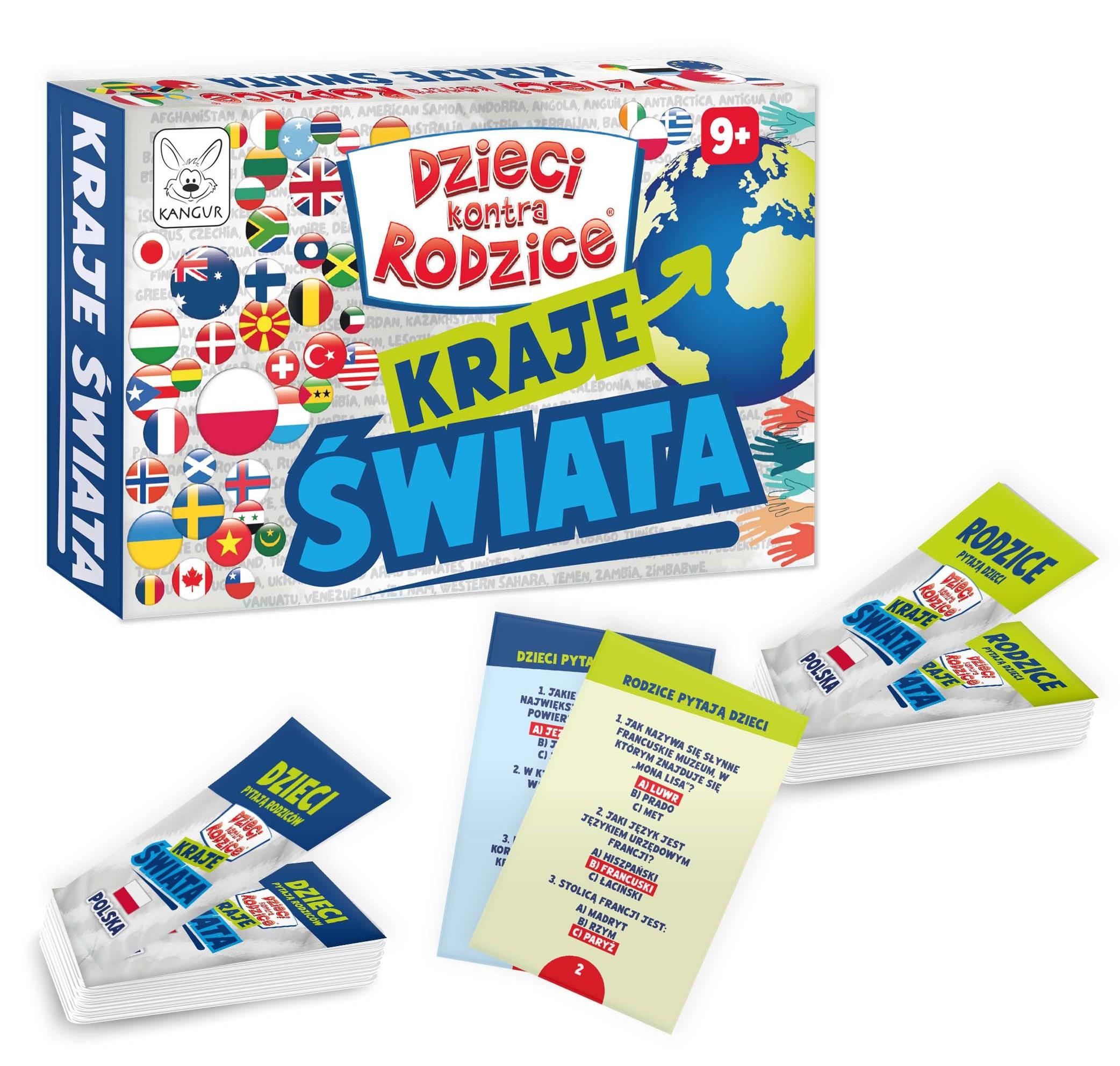 Rodzinna gra quiz geograficzny Dzieci kontra Rodzice Kraje Świata KANGUR, plansze i karty