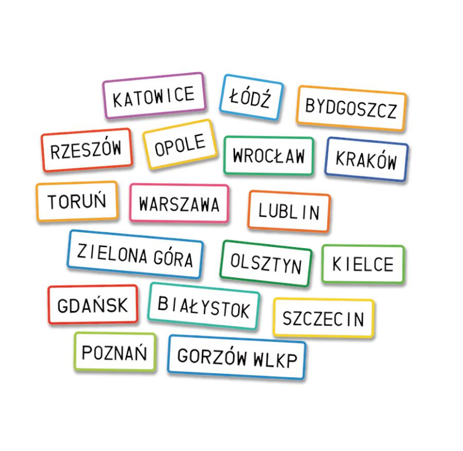 Zestaw rzepów z nazwami miast Akson - widok elementów z kolorowymi ramkami