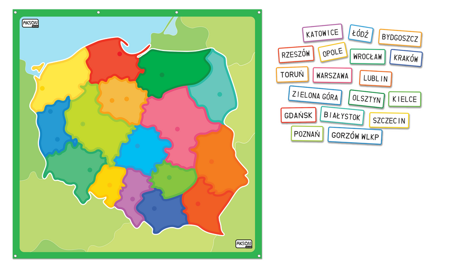 Rzepy z nazwami polskich miast Akson - przykładowe mocowanie na edukacyjnej mapie