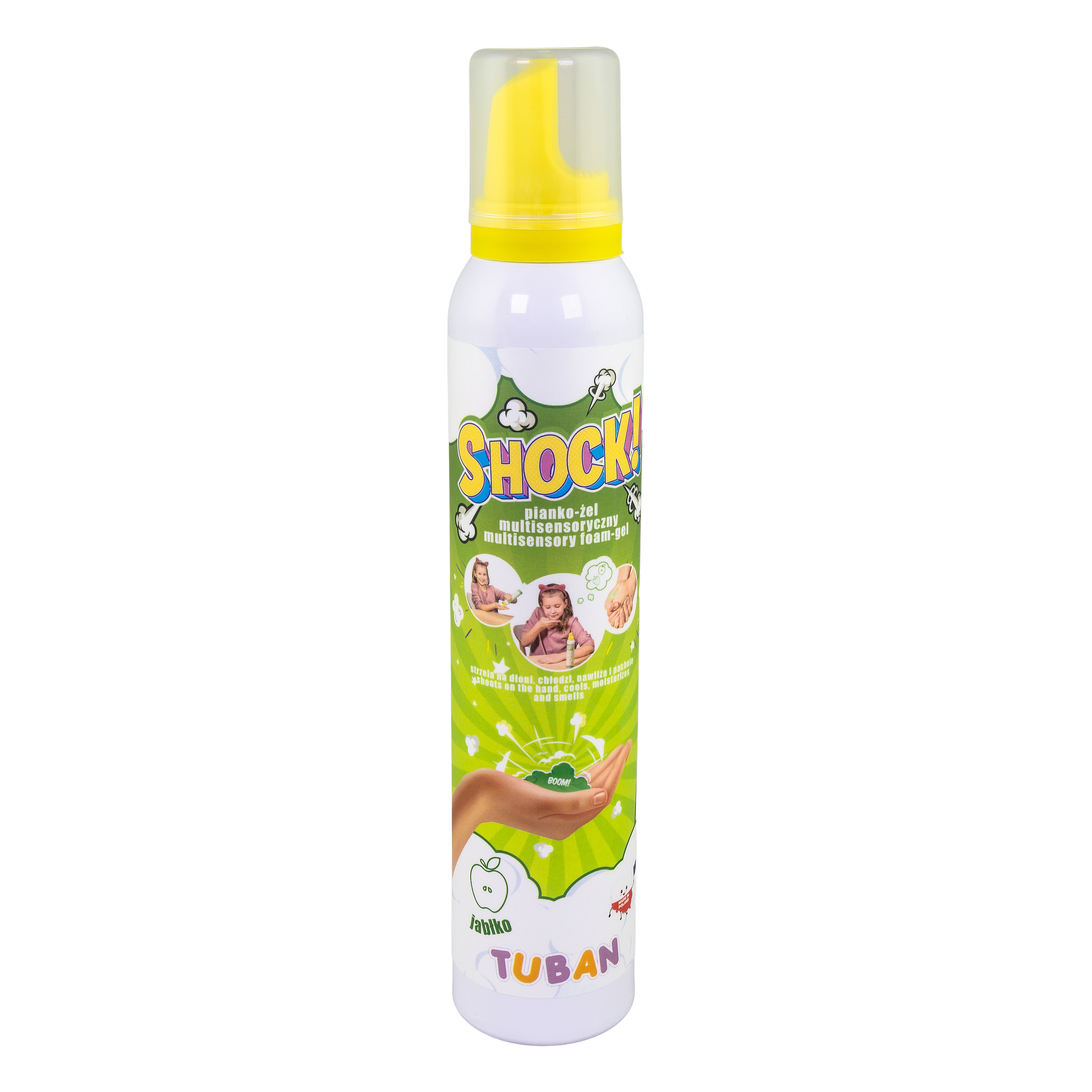 Multisensoryczny pianko-żel SHOCK Jabłko 200 ml marki TUBAN - butelka i aplikacja