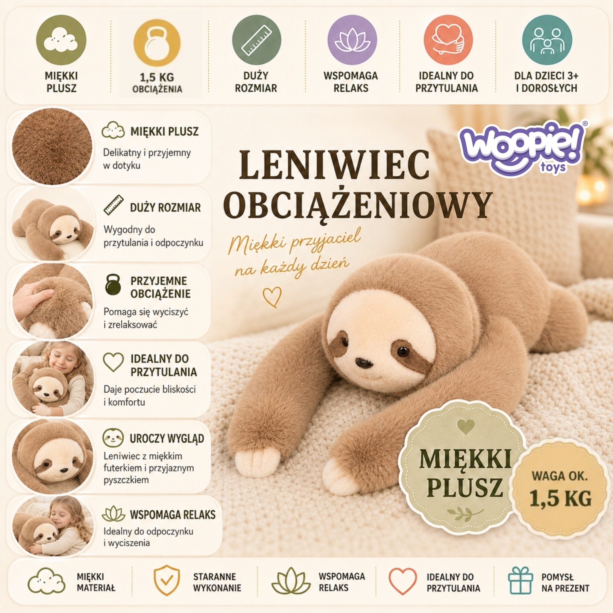 Widok pluszaka Ciężkomiś 1500 g leżącego na boku, pokazany materiał i proporcje 65 cm do przytulania
