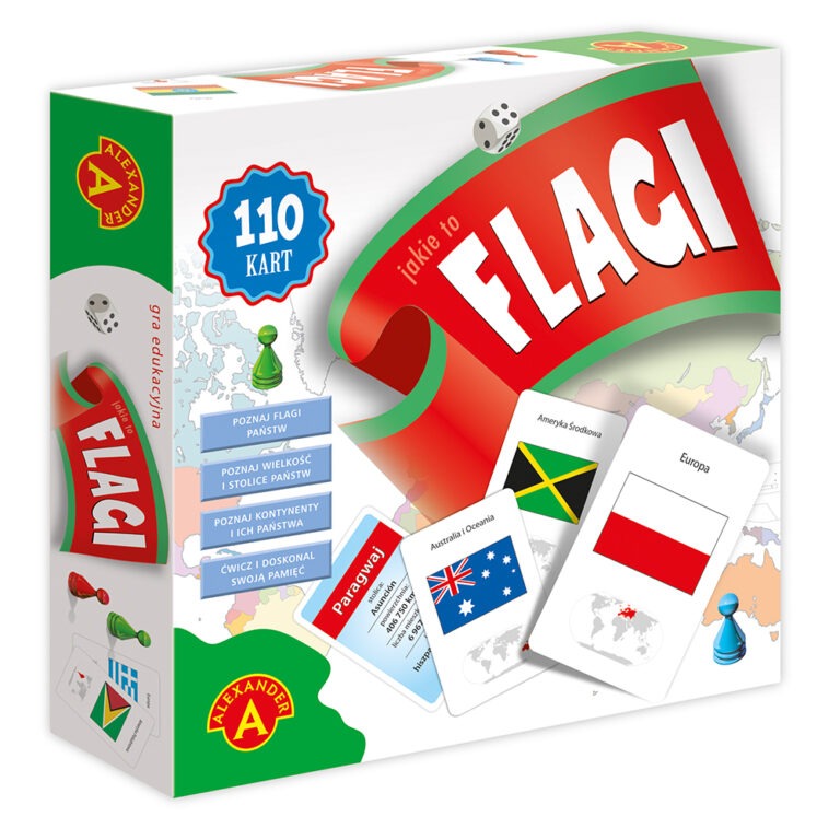 Plansza i elementy gry Jakie to Flagi? ALEXANDER GRY – widok z góry