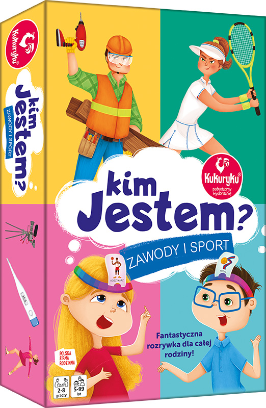 Gra edukacyjna Kim jestem? Zawody i sport od KUKURYKU – widok pudełka i kart do gry