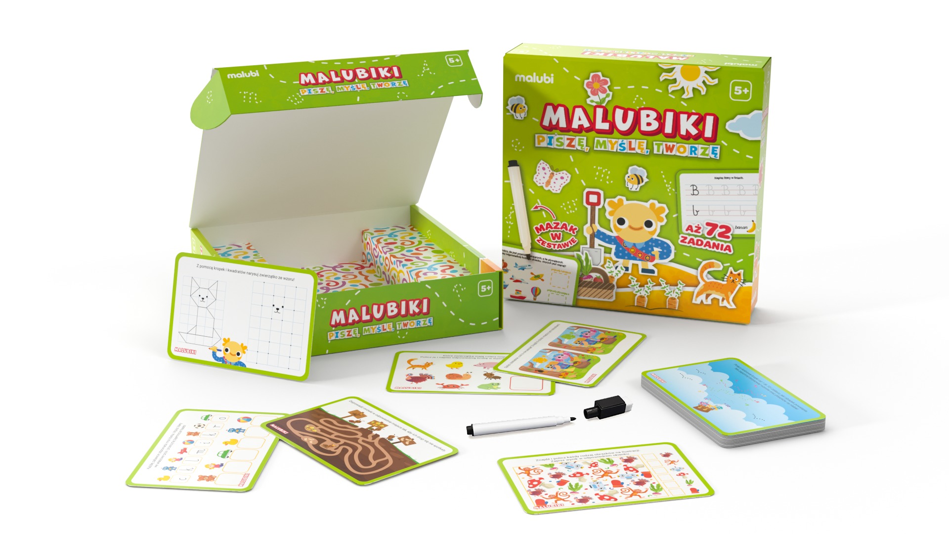 Malubiki 5+ Piszę, Myślę, Tworzę zestaw edukacyjny Malubi z 72 zadaniami dla dzieci powyżej 5 lat
