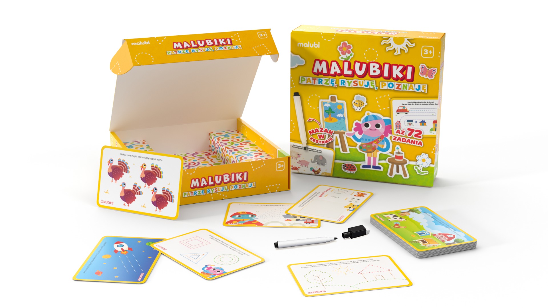 Zestaw kart edukacyjnych Malubiki 3+ od Malubi z 72 zadaniami rozwijającymi motorykę małą