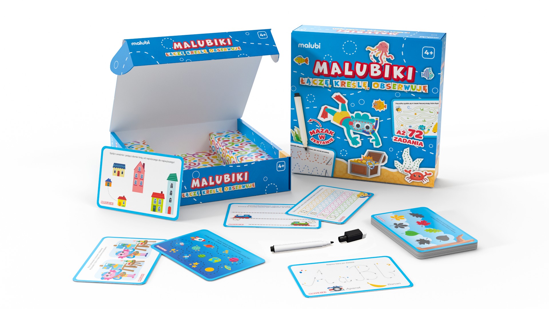 Zestaw kart edukacyjnych Malubiki 72 zadania Malubi rozwijający koncentrację i sprawność manualną