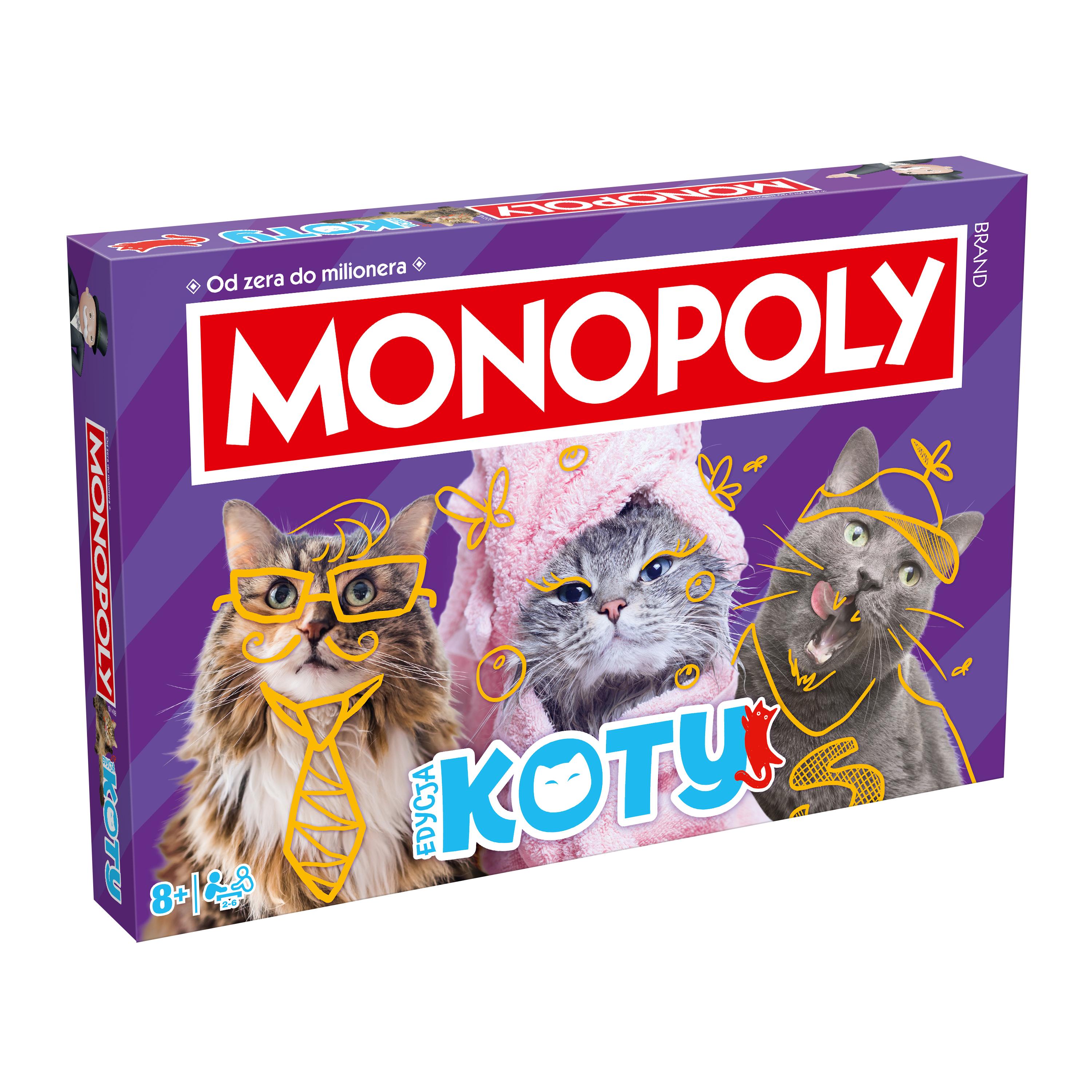Plansza Monopoly Koty w rozłożeniu z kolorowymi kartami i pionkami