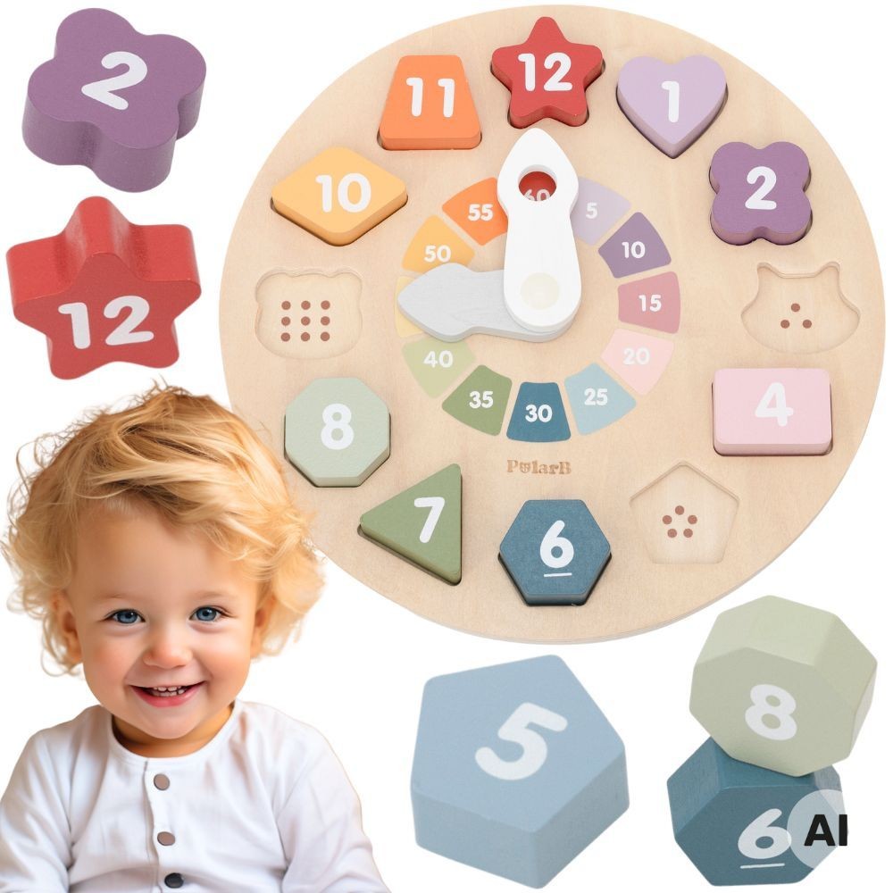 Drewniany zegar sorter kształtów Viga Toys w pastelowych kolorach z ruchomymi wskazówkami