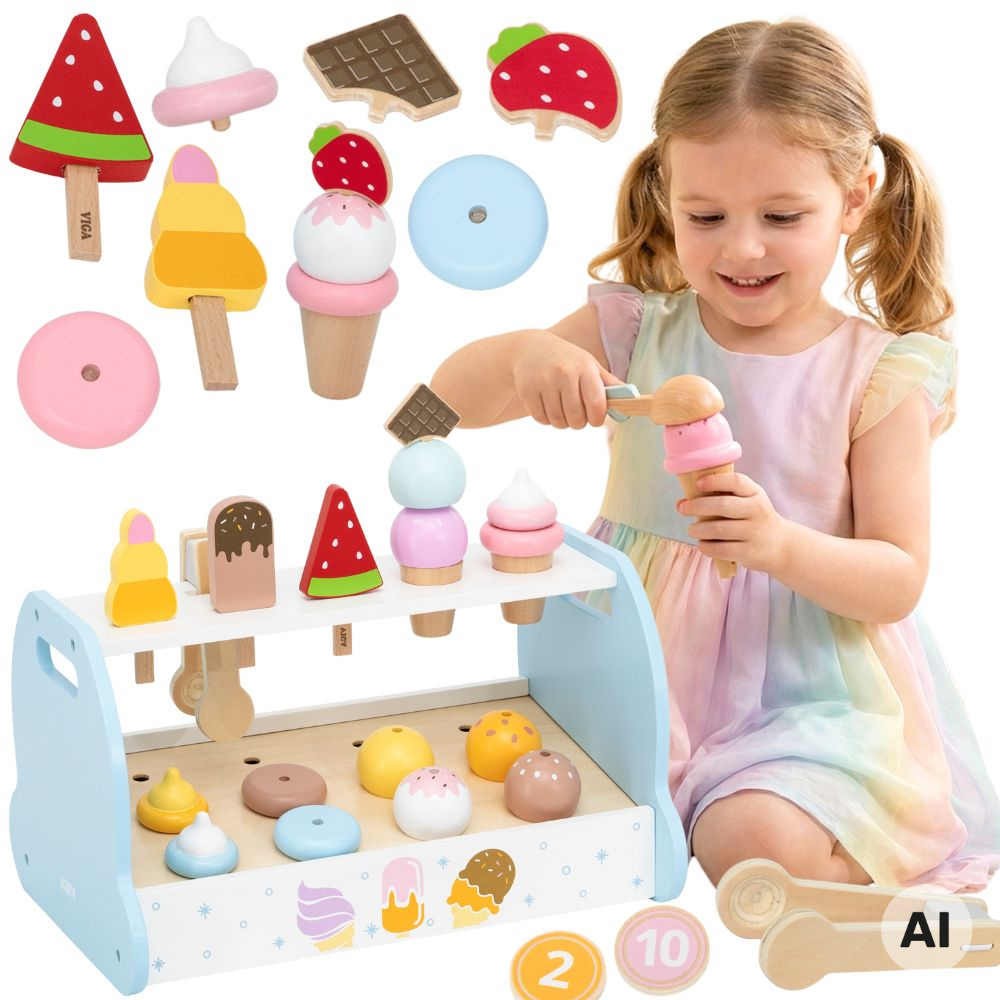 Drewniana lodziarnia VIGA Toys z pastelowymi elementami do zabawy w sklep i przygotowywanie lodów