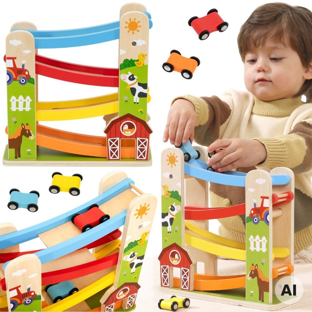 Drewniany tor wyścigowy z motywem farmy Viga Toys z kolorowymi samochodzikami