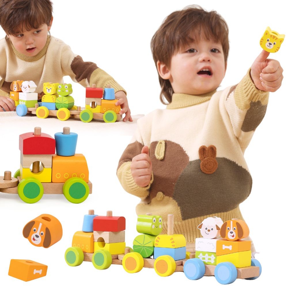 Drewniany pociąg do układania ze zwierzątkami farmy Viga Toys – zestaw 17 elementów
