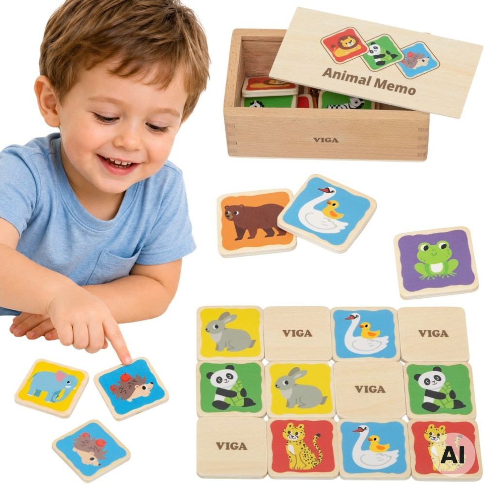 Drewniana gra pamięciowa Memo Zwierzątka Viga Toys – zestaw kolorowych kafelków w pudełku