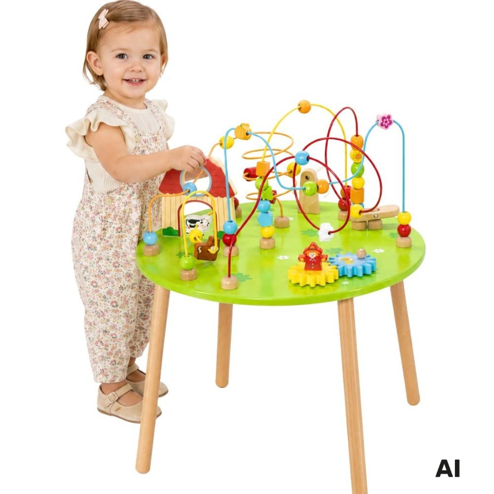 Drewniany stolik edukacyjny sensoryczny Viga Toys z kolorowymi elementami manipulacyjnymi