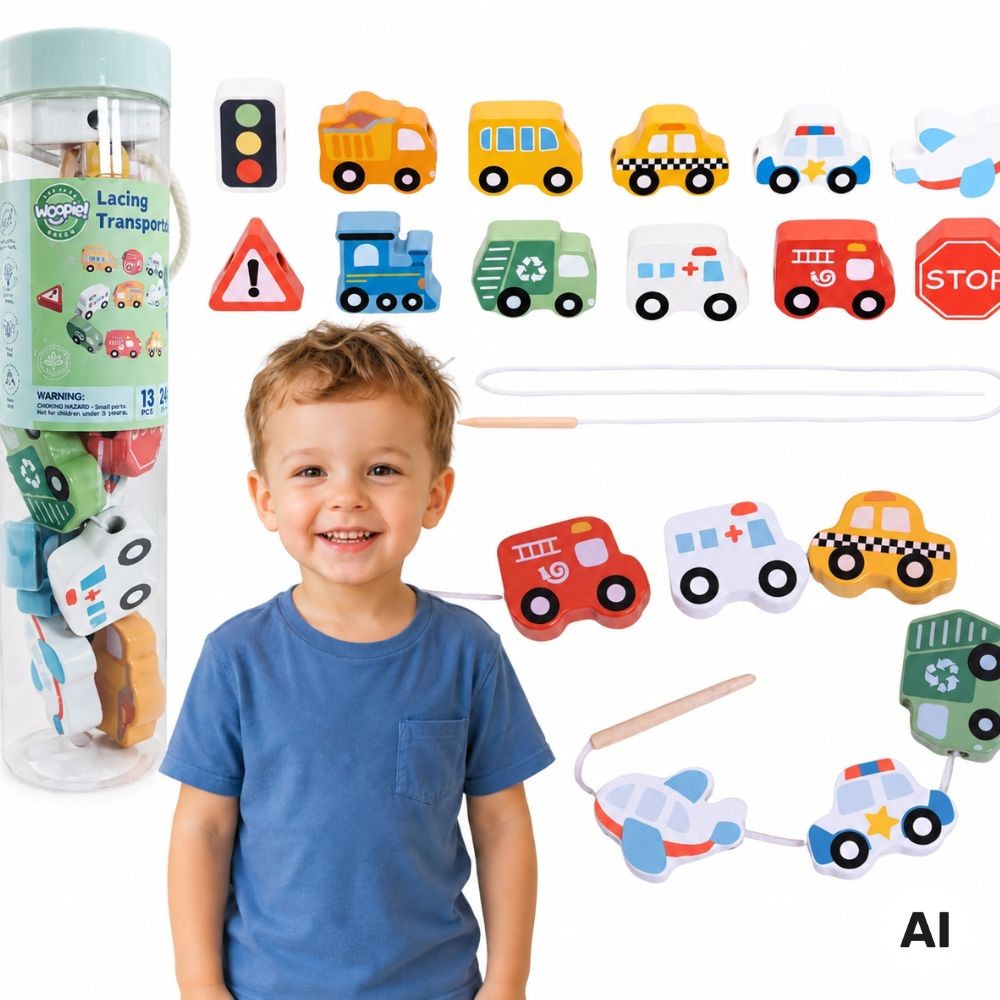 Drewniana nawlekanka Woopie Green z elementami transportu i sznurkiem