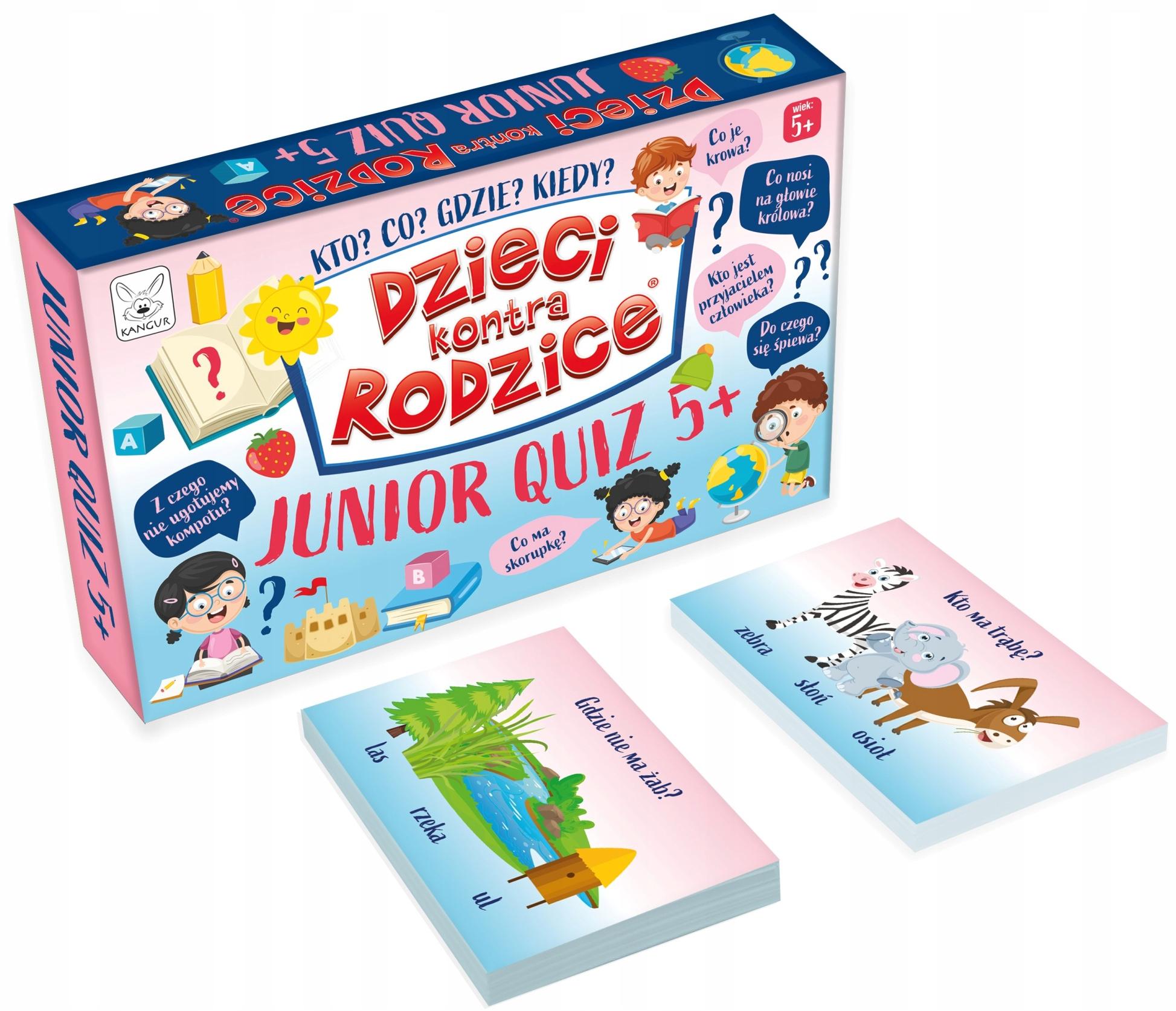 Dzieci kontra Rodzice Junior Quiz 5+ KANGUR, kolorowe karty z zagadkami edukacyjnymi dla dzieci od 5 lat