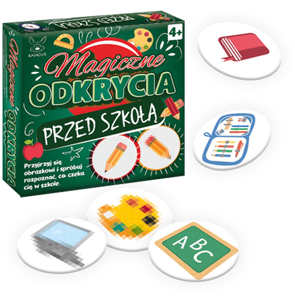 Ilustracje kart gry Magiczne Odkrycia Przed Szkołą KANGUR wspierające naukę zasad szkolnych