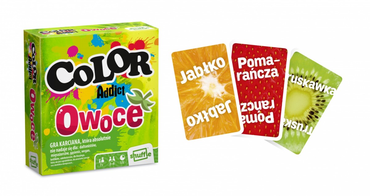 Zestaw kart gry Color Addict Owoce z owocową grafiką i kolorowymi napisami