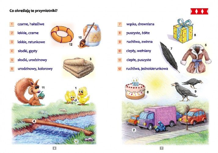 Ilustracje do książeczki PUS Jaki? Jaka? Jakie? Przymiotnik 1 z ćwiczeniami z gramatyki języka polskiego