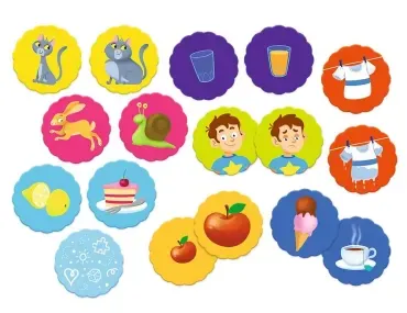 Kolorowe ilustracje gry edukacyjnej Trefl ABC Malucha Przeciwieństwa do nauki przeciwieństw