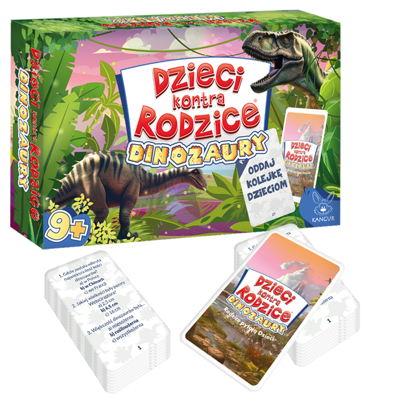 Dzieci kontra Rodzice. Dinozaury – gra quizowa KANGUR, pudełko i elementy gry