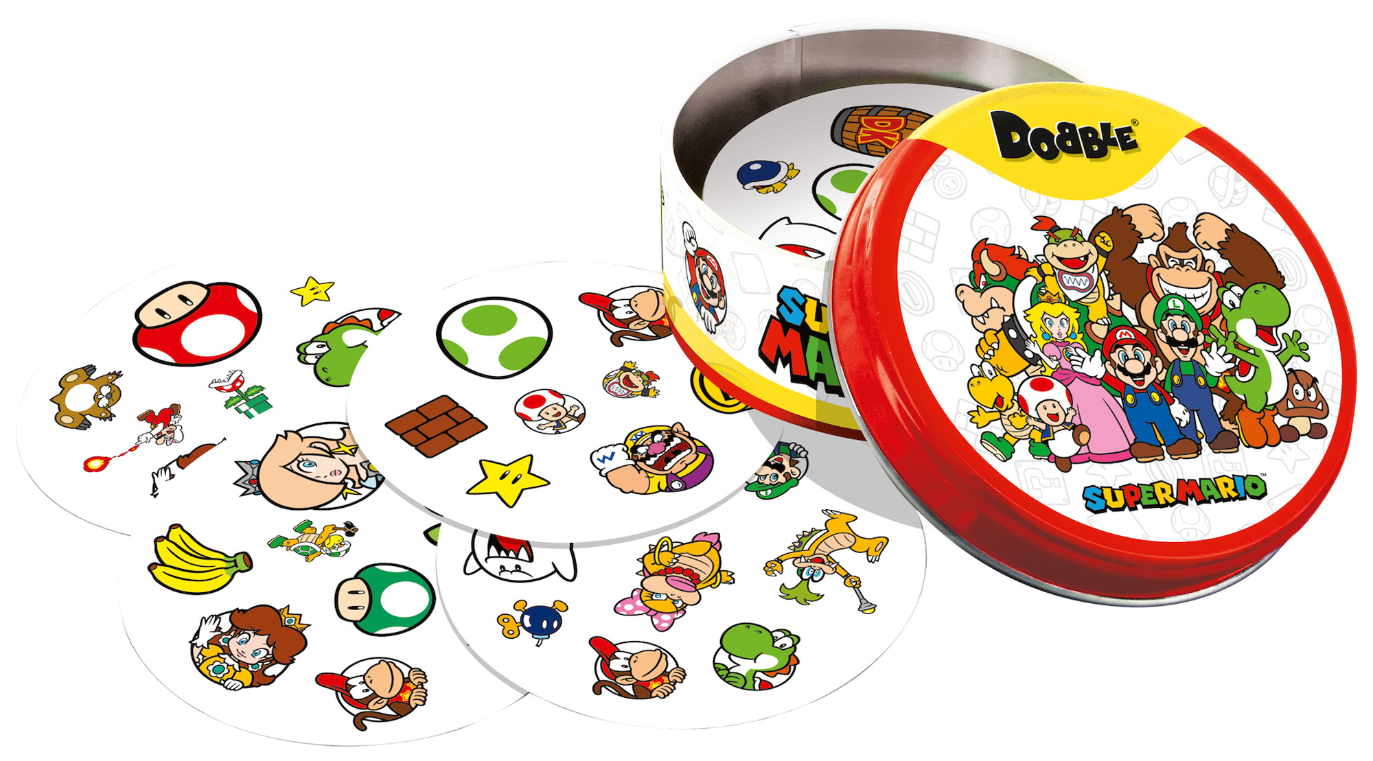 Zbliżenie na karty Dobble Super Mario z unikalnymi symbolami i bohaterami REBEL