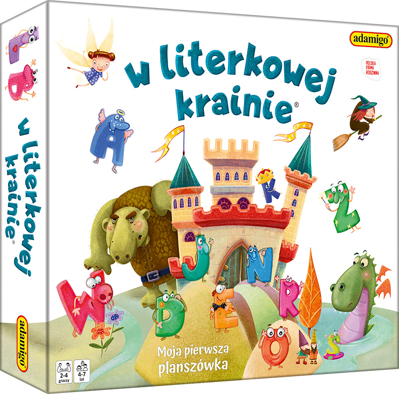 Plansza do gry edukacyjnej W literkowej krainie marki ADAMIGO z kolorowymi elementami i pionkami