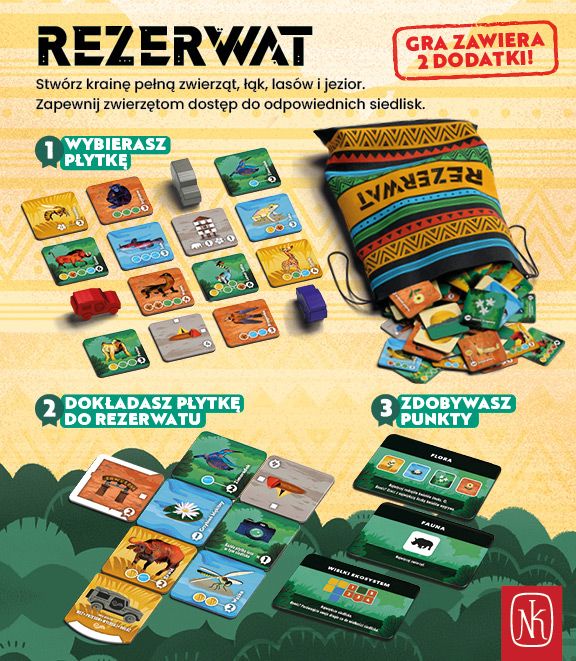 Elementy gry Rezerwat NASZA KSIĘGARNIA - kafelki i plansza do układania siedlisk zwierząt