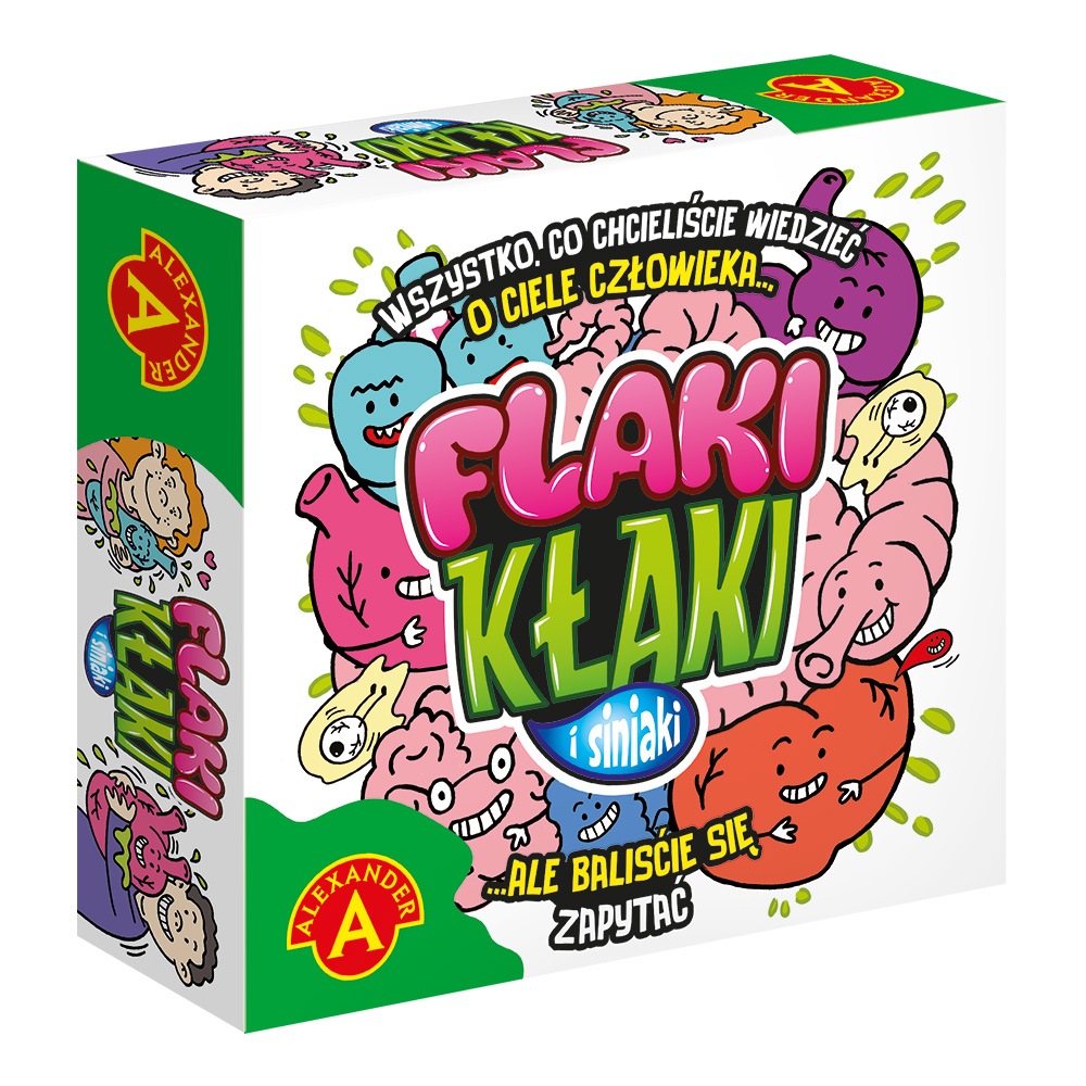 Plansza i elementy gry edukacyjnej Flaki, Kłaki i Siniaki marki ALEXANDER GRY