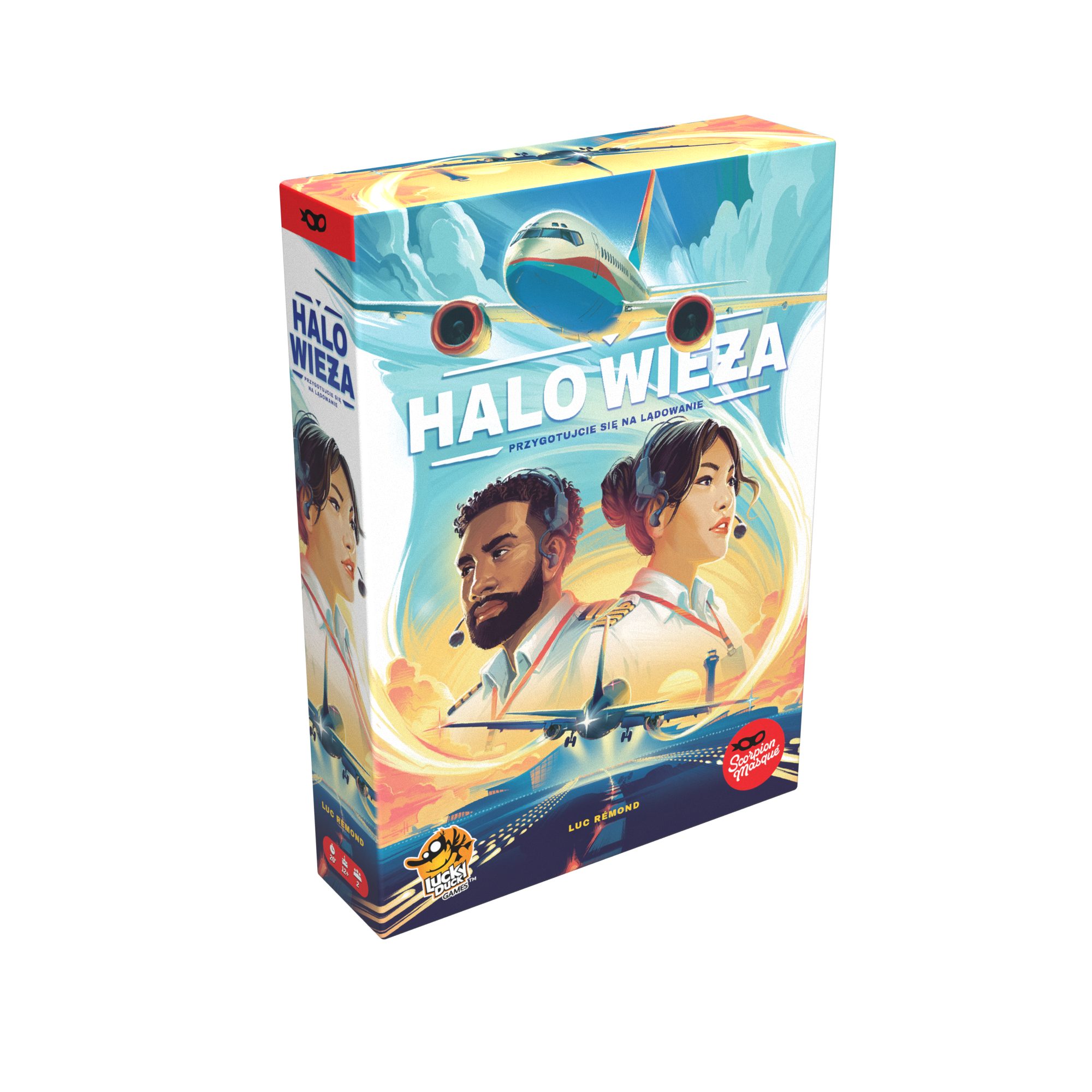 Kooperacyjna gra planszowa Halo wieża! Lucky Duck Games z ilustracją samolotu i lotniska