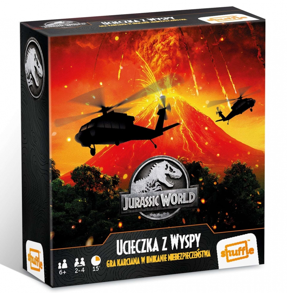 Elementy gry Jurassic World: Ucieczka z Wyspy — karty i pionki z dinozaurami Cartamundi