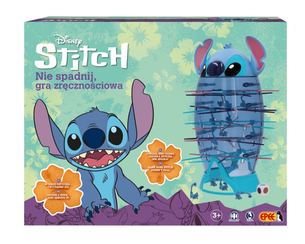 Gra zręcznościowa Stitch Nie Spadnij marki Epee z kolorowymi figurkami i kostką