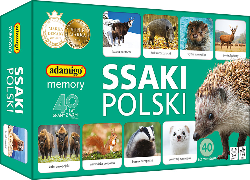 Ssaki Polski Memory ADAMIGO – zestaw 40 tafelków edukacyjnej gry pamięciowej z wizerunkami polskich zwierząt