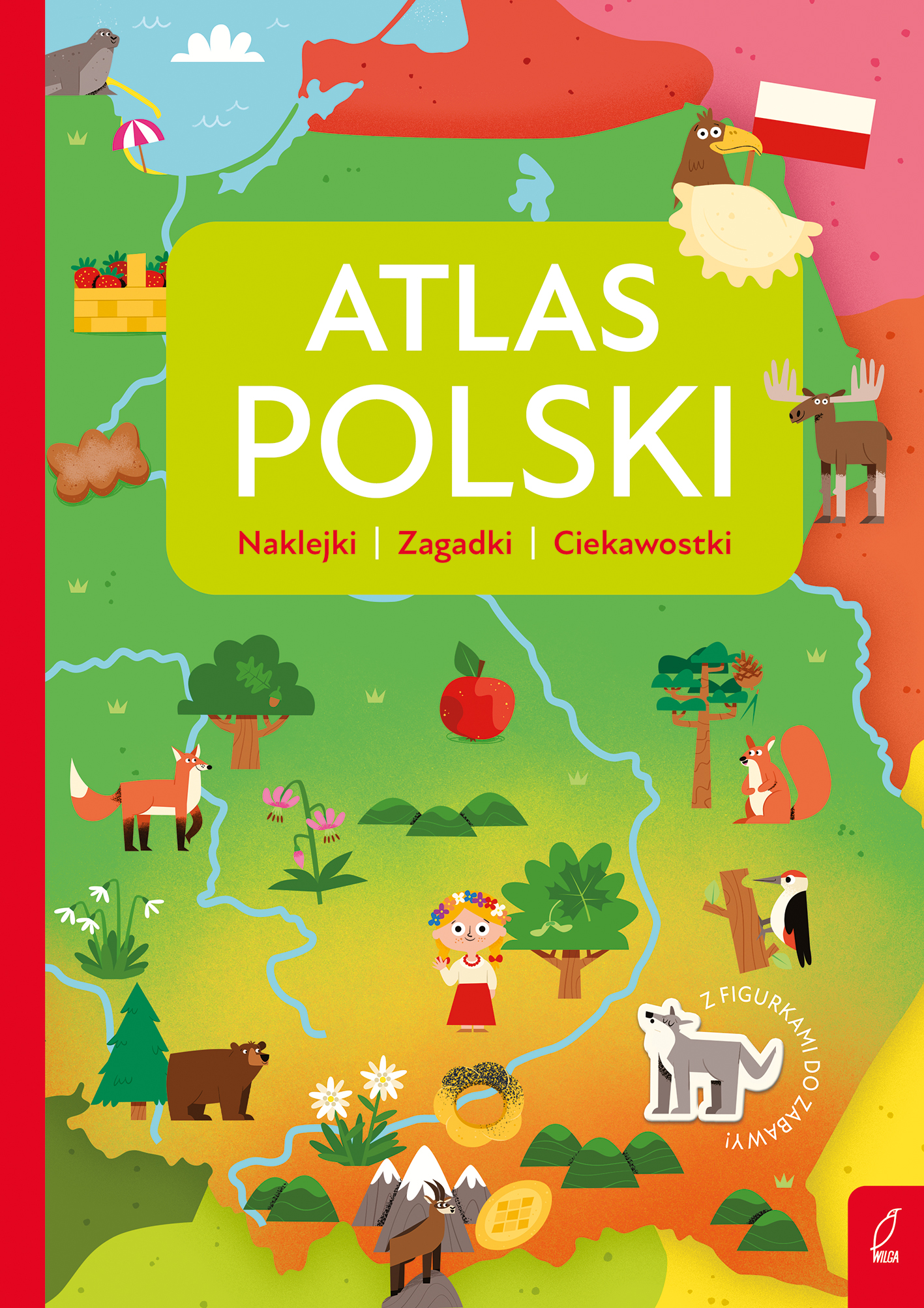 Okładka Atlasu Polski dla przedszkolaka wydawnictwa Wilga z mapą i naklejkami