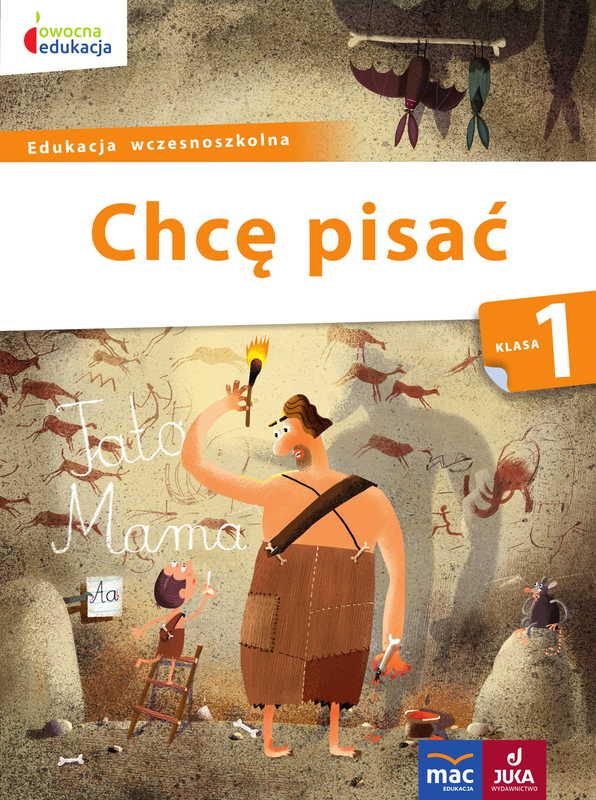 Książka edukacyjna Owocna edukacja Chcę pisać Klasa 1 MAC PODRĘCZNIKI – okładka z ćwiczeniami grafomotorycznymi dla dzieci