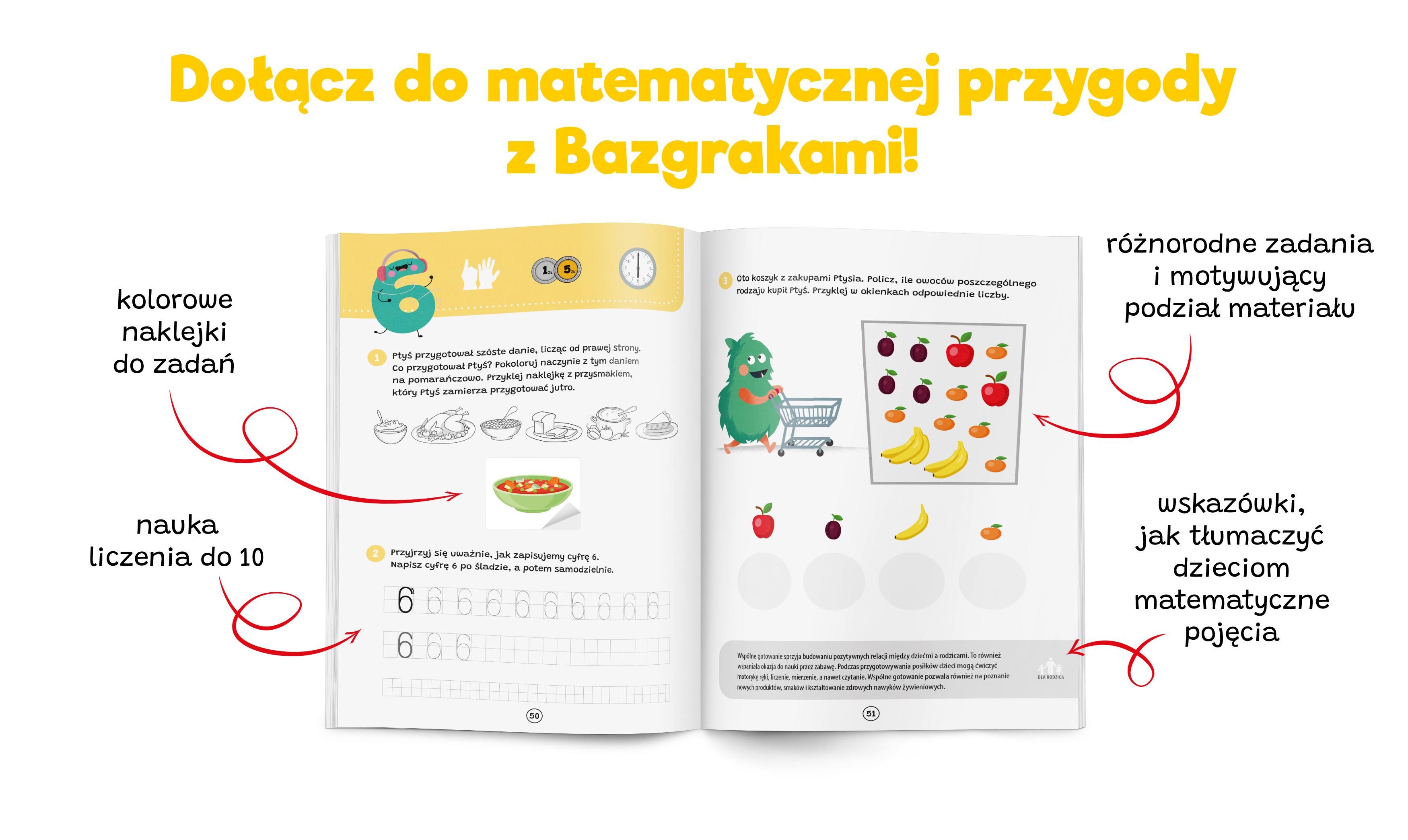 Strony książki Bazgraki poznają matematykę z zadaniami na liczenie i poznawanie kształtów Kapitan Nauka