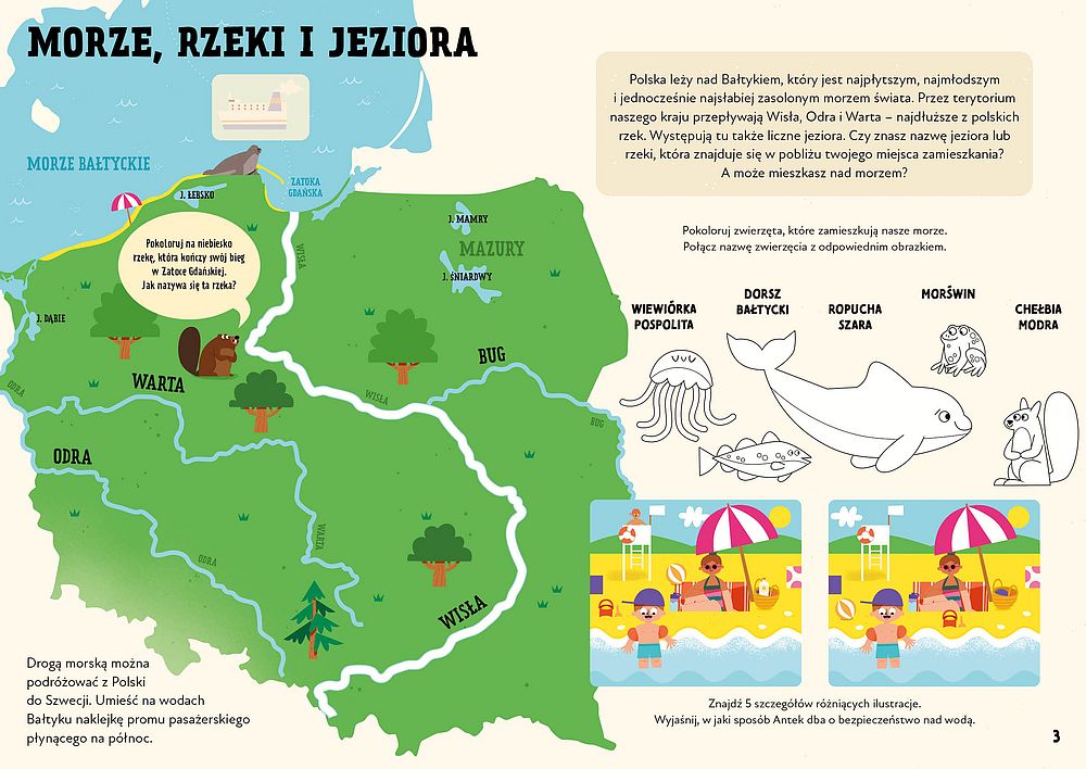 Wnętrze atlasu z kolorowymi mapami i zadaniami edukacyjnymi dla dzieci 3-5 lat