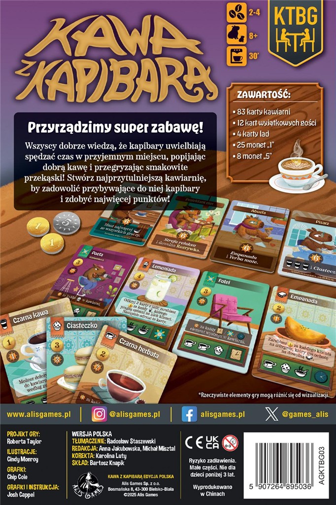Karty i elementy gry Kawa z kapibarą - budowanie kawiarni dla 2-4 osób